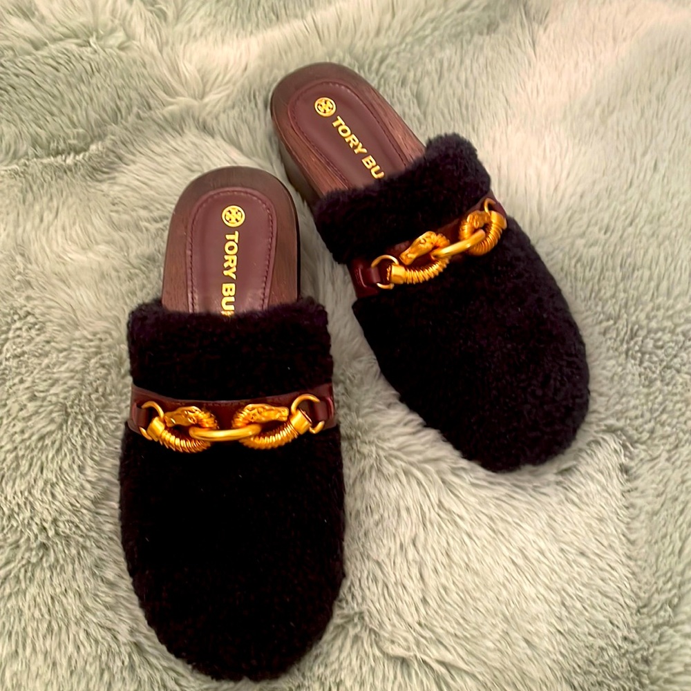 Tory Burch Black and Gold Mules